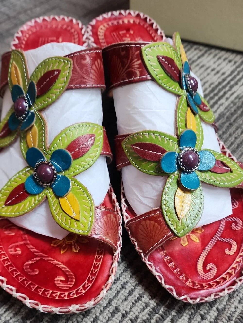 L'Artiste Red Floral Leather Wedge Sandals